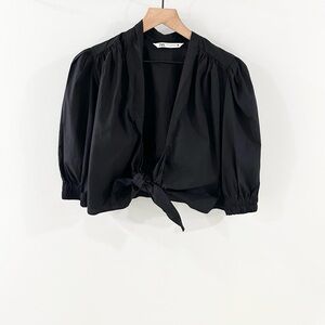 Zara Poplin Tie Front Crop Shirt Black Size XS